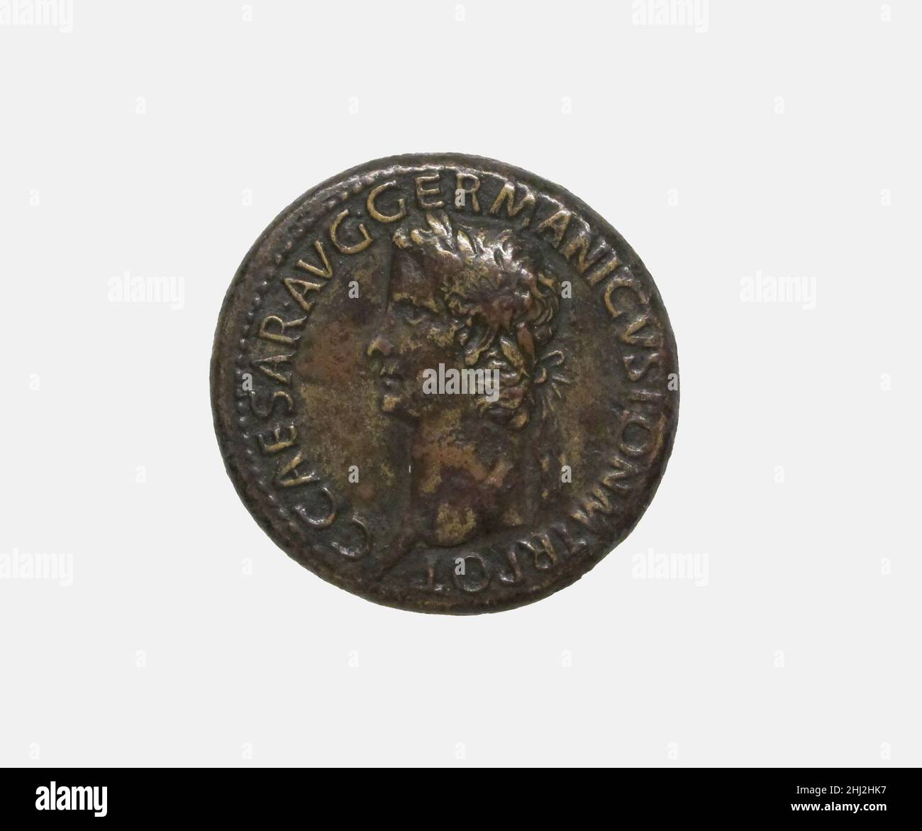 Bronzesesterz von Gaius (Caligula) A.D. 37–38 Roman C CAESAR AVG GERMANICVS PON M TR TOPF, Kopf von Kaiser/S P Q R P P ob CIVES SERVATOS im EichenwranzRom. Bronzesesterz von Gaius (Caligula). Roman. 37–38 N. CHR. Bronze. Frühkaiserlich, Julio-Claudian. Münzen Stockfoto