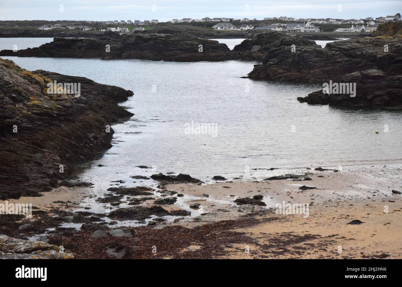 Strand, Meer und Felsen trearddur Bay, anglesey, heilige Insel, nordwales, großbritannien Stockfoto