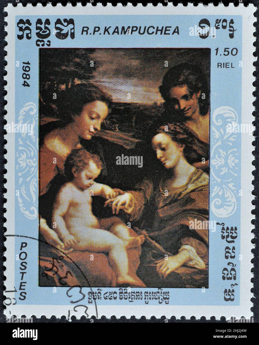 Abgesagte Briefmarke gedruckt von Kambodscha, die das Gemälde Mystic Marriage of Saint Catherine von Antonio Allegri Correggio zeigt, um 1984. Stockfoto