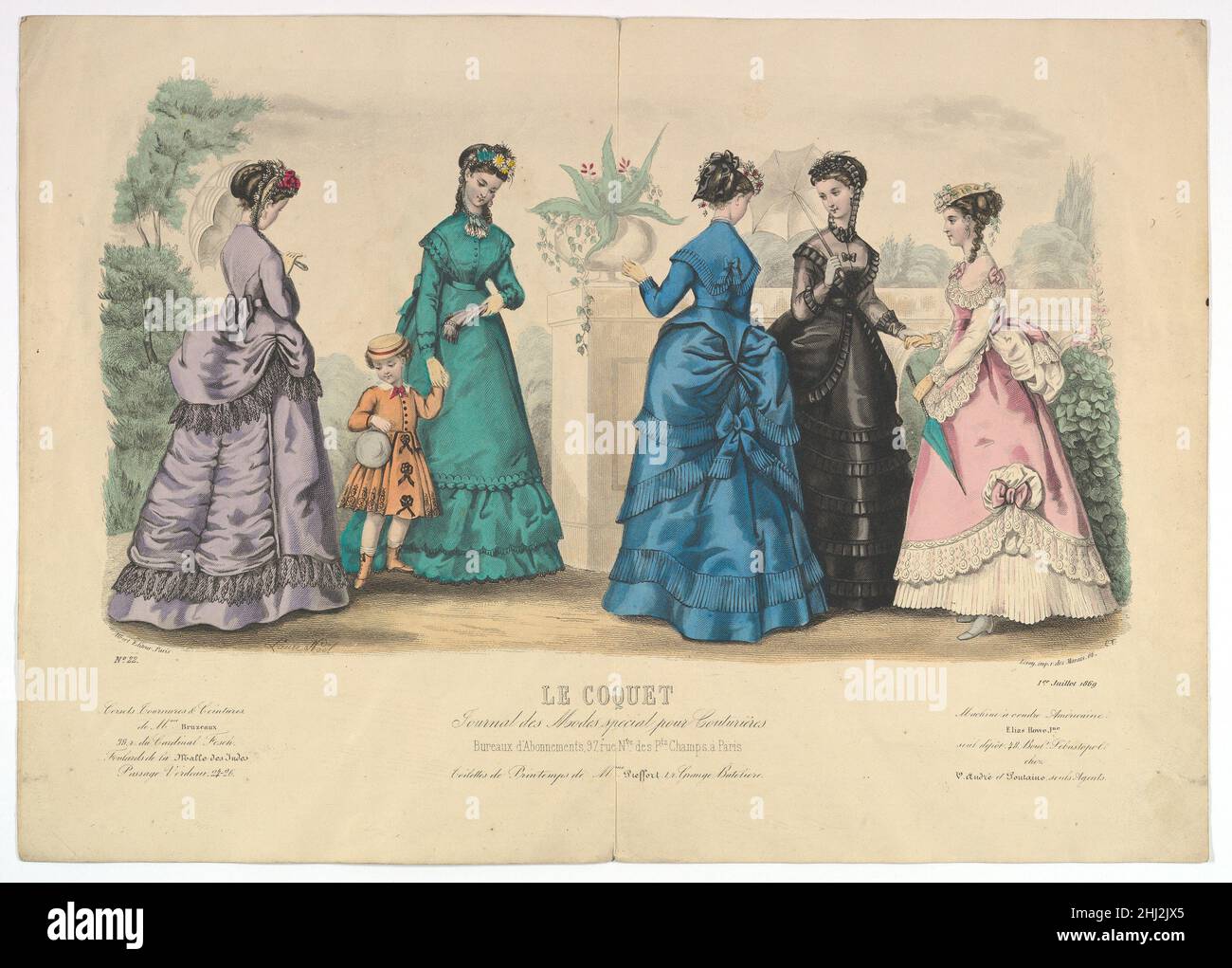 Le Coquet, Nr. 22, aus Journal des Modes Spécial pour Couturières 1. Juli 1869 Laure Noël Französisch. Le Coquet, Nr. 22, aus Journal des Modes Spécial pour Couturières 399217 Stockfoto