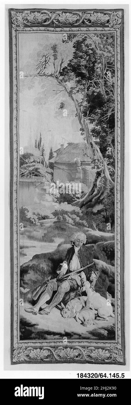 Der Jäger aus einer Reihe von Szenen aus dem italienischen Dorf, entworfen 1734–36, gewebt 1762 entworfen von François Boucher Französisch Bilder von Gärten waren im Medium der Wandteppiche aus dem Mittelalter beliebt, wo die sogenannten Mille-Fleurs (tausend Blumen) (siehe auch 2013,506) eine dekorative, Und manchmal symbolisch, Einstellung für Szenen der Romantik und Spiel. Park- und Gartenteppiche erfreuen sich im 16. Und 17. Jahrhundert weiterhin großer Beliebtheit, vor allem für die Dekoration von intimeren Kammern, wo sie einen angenehmen Kontrast zu dem größeren Thema des Bandes boten Stockfoto