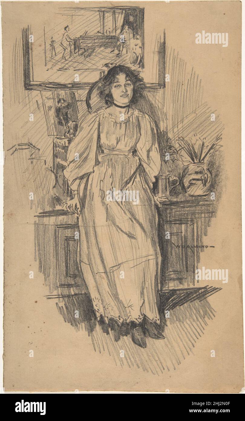 Young Woman Leaning Against a Low Cabinet in Artist's Studio Ende des 19th.–Anfang des 20th. Jahrhunderts William Douglas Almond British. Junge Frau, die gegen ein niedriges Kabinett im Künstlerstudio 356744 anstöhnt Stockfoto