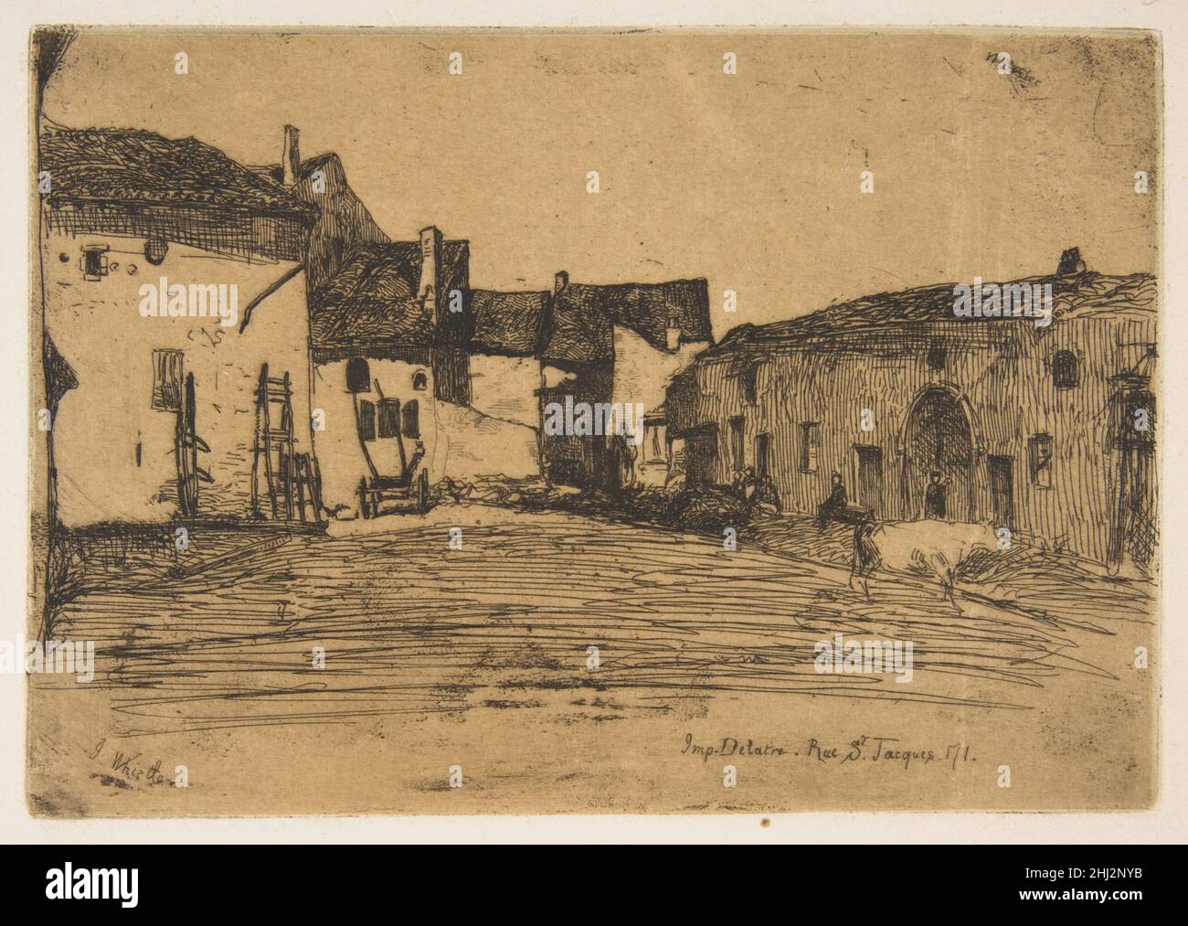 Liverdun 1858 James McNeill Whistler American Whistler besuchte Liverdun, eine Stadt an der Mosel, kurz vor dem Beginn einer Sommer-Rheinlandtour im Jahr 1858. Er reiste mit dem Zug zwischen Nancy und Straßburg, machte Skizzen und ein paar Radierungen, einschließlich der vorliegenden Arbeit. Hier umrahmen alte Bauernhäuser einen Hof und stellen fest, was eine bevorzugte formale Anordnung werden würde. Dächer und Wände sind mit schattigen Öffnungen versehen, um ein Spiel von Lichtern und Dunkeln zu schaffen, das von den leicht geätzten Formen von Landarbeitern, Leitern und einem Wagen belebt wird. Eine weiße Kuh geht aus dem Raum rechts, und weite Weiten darunter Stockfoto