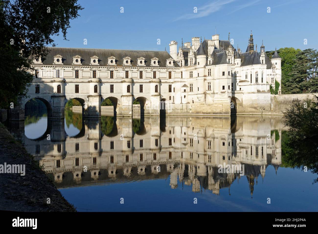 Chateau de Chenonceau, Fluss Le Cher, Reflexion, Chenonceaux, Zentrum, Frankreich Stockfoto