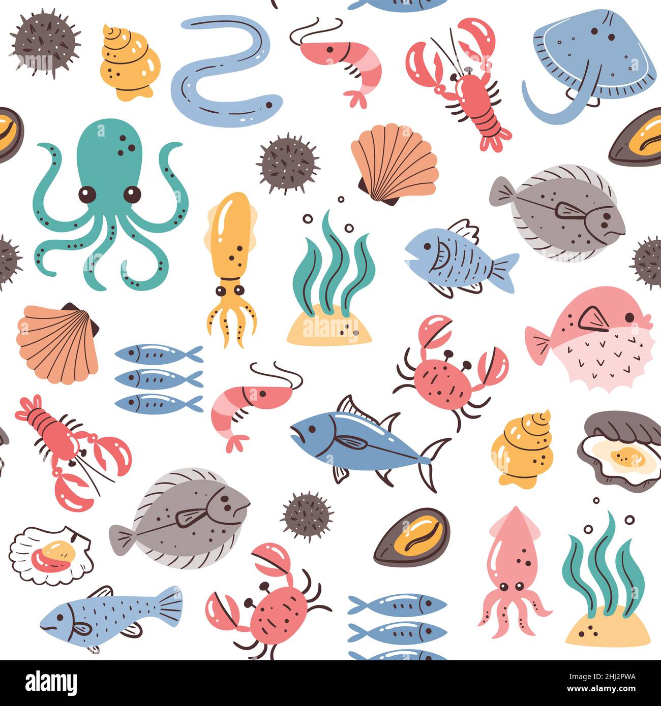 Seafood Nahtloses Muster. Fisch, Algen und Schalentiere. Abbildung: Zutaten für das Kochen. Isolierte, farbenfrohe, handgezeichnete Zutaten auf weißer Ba Stock Vektor