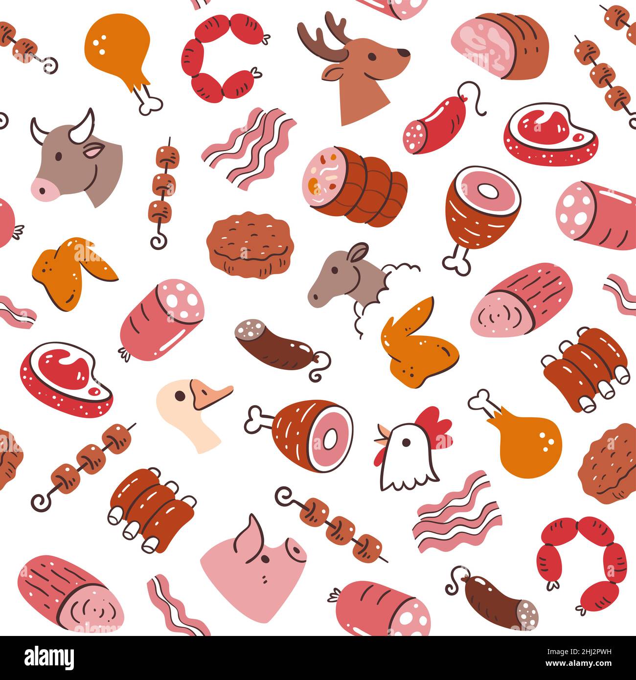 Fleisch nahtlos Muster. Fleischstücke und Fleischprodukte. Abbildung: Zutaten für das Kochen. Isolierte, farbenfrohe, handgezeichnete Zutaten auf Weiß Stock Vektor