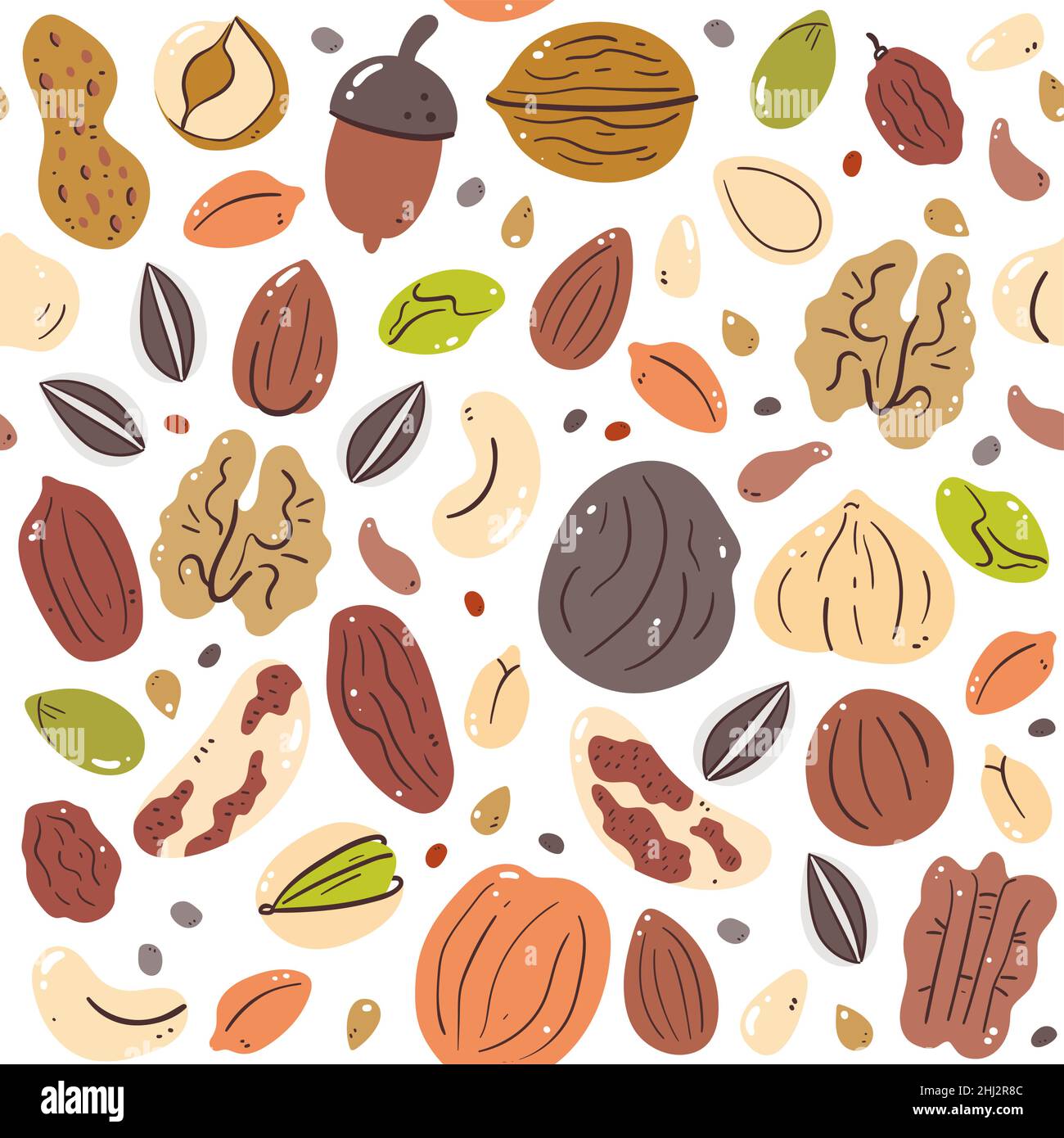 Nüsse und Samen nahtloses Muster. Abbildung: Zutaten für das Kochen. Isolierte, farbenfrohe, handgezeichnete Zutaten auf weißem Hintergrund. Vektor-Illus Stock Vektor