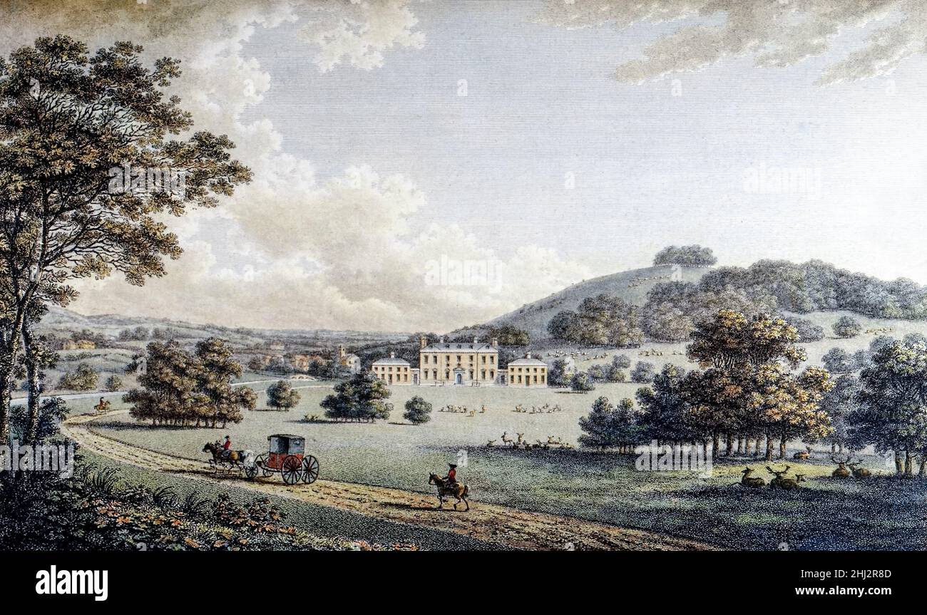 Godmersham Park und der umliegende Park, Kent, England. Erbaut 1732 im palladianischen Stil für Thomas Knight MP (1701-1781). Foto von original 1785 handgetönten Gravuren. Eine Kopie der Gravur diente als Hintergrund für die britische 10-Pfund-Note mit Jane Austen, die häufig zu Gast war, während das Anwesen im Besitz ihres Bruders war. Stockfoto