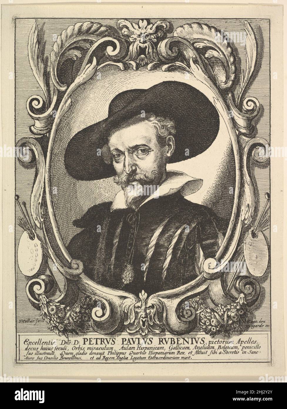 Peter Paul Rubens (Petrus Paulus Rubenius) 1644–52 Wenceslaus Hollar Böhmisches Büsternportrait von Rubens mit breitem Hut und aufgeschliffeltem Doublett; mit ovalem Zierrahmen; nach seinem Selbstporträt im Alter von fünfzig Jahren im Rubenshuis in Antwerpen. Peter Paul Rubens (Petrus Paulus Rubenius) 360638 Stockfoto