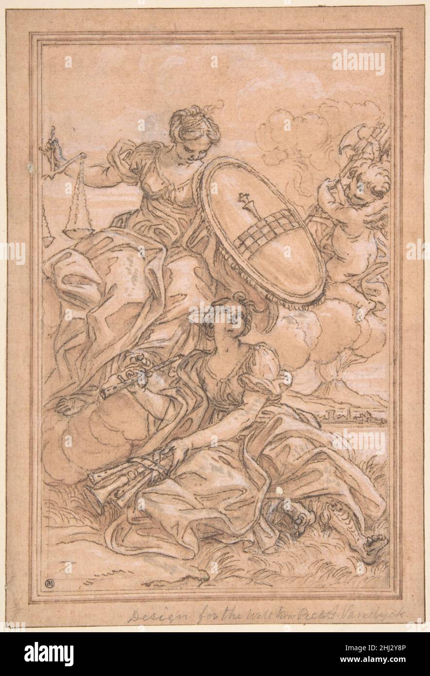 Allegorische Komposition: Musik und Gerechtigkeit mit dem Spinola-Wappen 1639–1709 Giovanni Battista Gaulli (Il Baciccio) Italienisch einst im Besitz des berühmten französischen Sammlers Pierre-Jean Mariette (1694-1774), erscheint diese hochgearbeitete Zeichnung im Verkaufskatalog seiner Sammlung von 1775-76. Es wurde als Vorbereitung für das Frontispiz von "Il Corradino" identifiziert, einem Libretto für eine Tragödie, die im mittelalterlichen Neapel spielt, das von Antonio Caraccio (1630-1702) geschrieben und 1694 in Rom veröffentlicht wurde (siehe Rom 1994 und Bibliographie). Die Faszes, die von einem Cherub oben rechts gehalten werden, und die Skalen sind Attribute Stockfoto