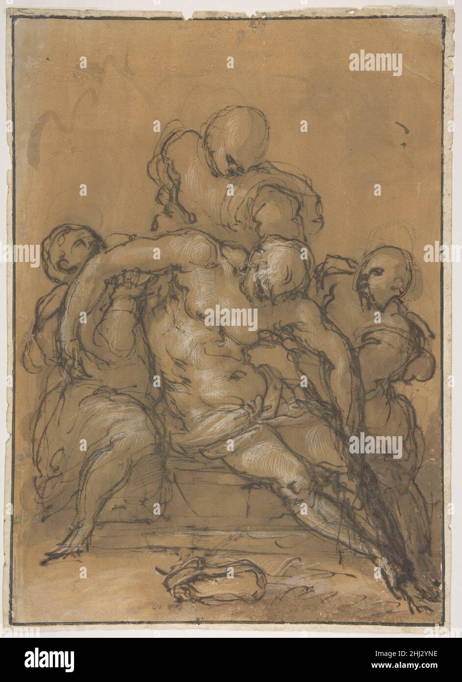 Der tote Christus mit drei Figuren 1537–91 Giovanni Battista Naldini der Italiener Naldini scheint ein Gespür dafür zu haben, Figuren in wunderschön choreografierten Kompositionen zusammenzuführen, von denen er viele zur Verschönerung von Kirchen in Florenz und Rom entwarf. Seine starken, aber dennoch sanften Zeichnungen spiegeln die Einflüsse von Michelangelo, Pontormo und Andrea del Sarto wider. Naldini trainierte von 1549 bis 1556 in der Werkstatt von Pontormo. Die Auswirkungen dieser prägenden Erfahrung zeigen sich in seiner Zeichenweise mit kräftigen kritzelnden Konturen sowie in einer ordentlich volumetrischen Konzeption von Form und clos Stockfoto