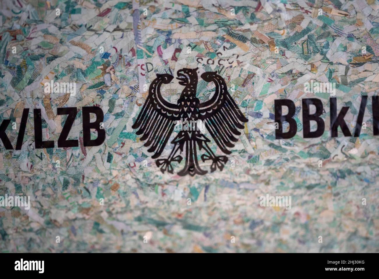 Bundesadler, geschredderte D-Mark-Noten, Deutschland Stockfoto