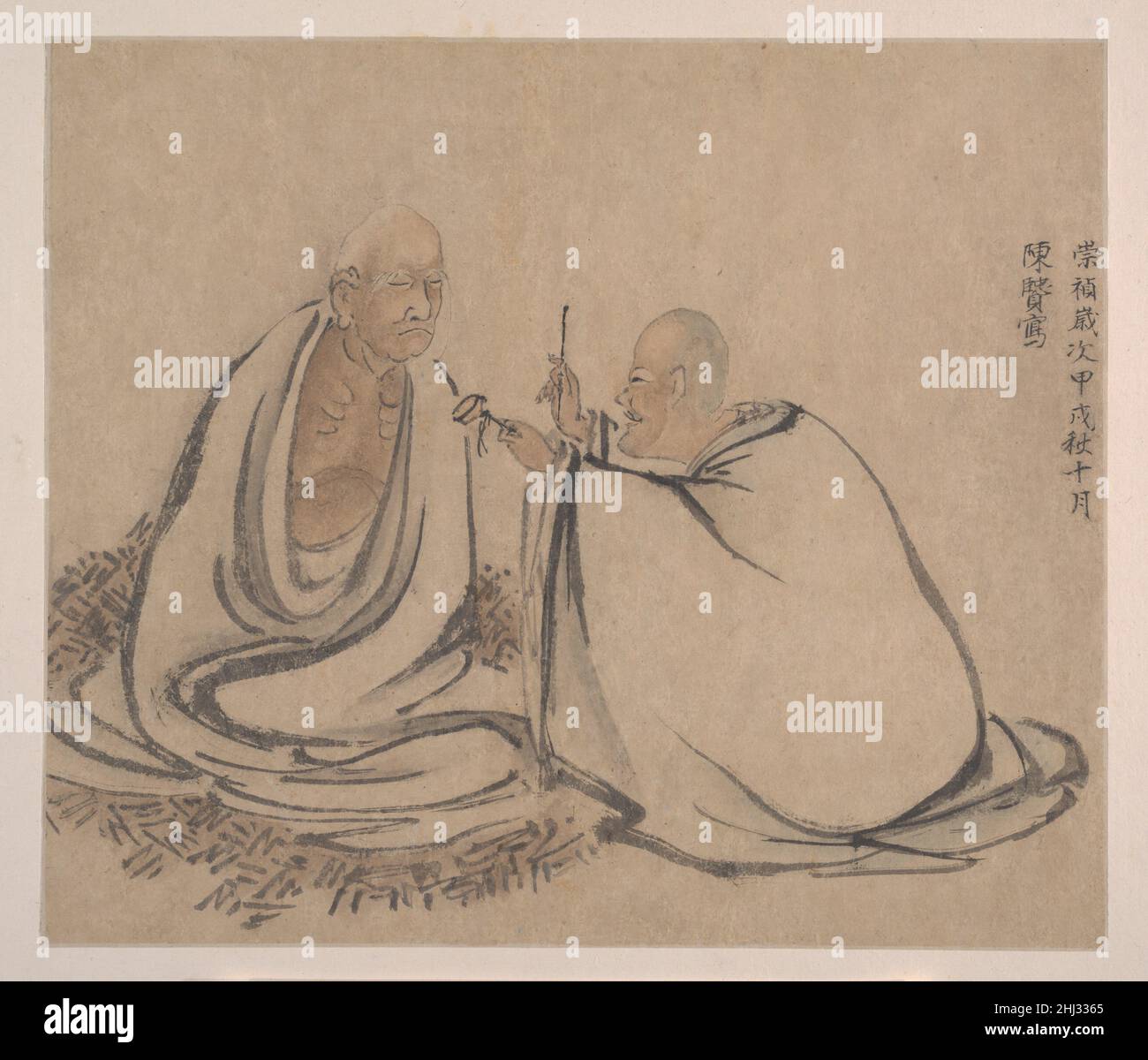 Das sechzehn Luohans falsche Datum von 1634, das Chen Xian zugeschrieben wird Chen Xian war ein buddhistischer Mönch, der hauptsächlich religiöse Gestalten malte. In dem Chaos, das den Fall der Ming-Dynastie im Jahr 1644 begleitete, verließen viele buddhistische Mönche China nach Japan, und einige brachten Gemälde von Chen, die Gefallen fanden. Aus diesem Grund ist er in Japan besser bekannt als in seiner Heimat. Dieses Album ist nicht so erfolgreich wie seine besten Werke – die Schattierung der Gesichter ist etwas schlammig – also ist es wahrscheinlich eine enge Kopie, möglicherweise von einem japanischen Bewunderer. Die Sechzehn Luohans 36083 Stockfoto