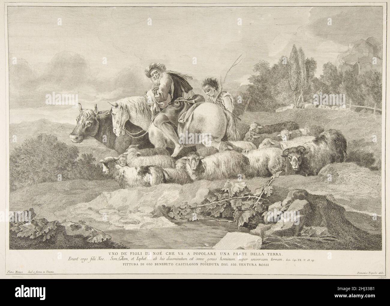 Einer der Söhne Noahs, der einen Teil der Erde bevölkern wird (Uno de figli di Noè che va a popolare una parte della Terra) 1743–63 Pietro Monaco Italienisch. Einer der Söhne Noahs, der einen Teil der Erde bevölkern wird (Uno de figli di Noè che va a popolare una parte della Terra) 396904 Stockfoto