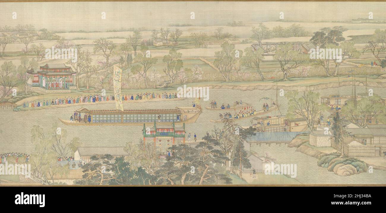 Die südliche Inspektionstour des Qianlong-Imperators, Schriftrolle sechs: Eintritt in Suzhou entlang des Großen Kanals datiert 1770 Xu Yang Chinese der aus Suzhou stammende Hofmaler Xu Yang wurde vom Qianlong-Kaiser (r. 1736–95), um in zwölf monumentalen Handrollen die historische Tournee des Imperators im Jahr 1751 durch Südchina aufzuzeichnen. Diese Schriftrolle, die längste der zwölf, zeichnet die üppige Pracht der Ankunft des Kaisers in Suzhou nach.die sorgfältige Aufmerksamkeit zum Detail bietet eine seltene Gelegenheit, das tägliche Leben und die Aktivitäten einer chinesischen Stadt aus dem 18. Jahrhundert zu beobachten. Menschen, Residenzen, Geschäfte, berühmte te Stockfoto