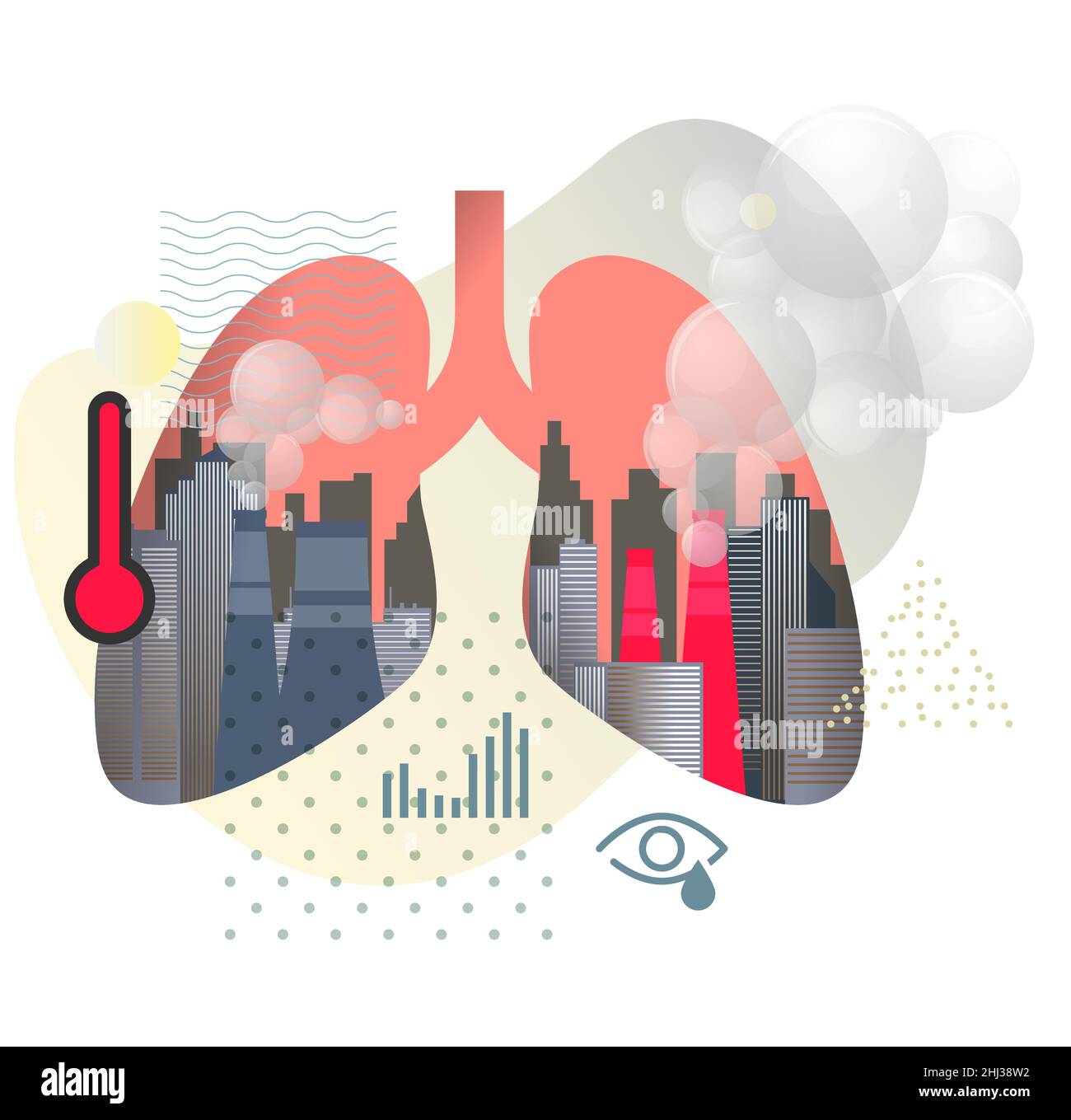 Städtische Umweltverschmutzung - Auswirkungen von Partikelmasse PM 10 und 2,5 Umweltverschmutzung auf menschliche Lungen - Symbol als EPS 10-Datei Stock Vektor