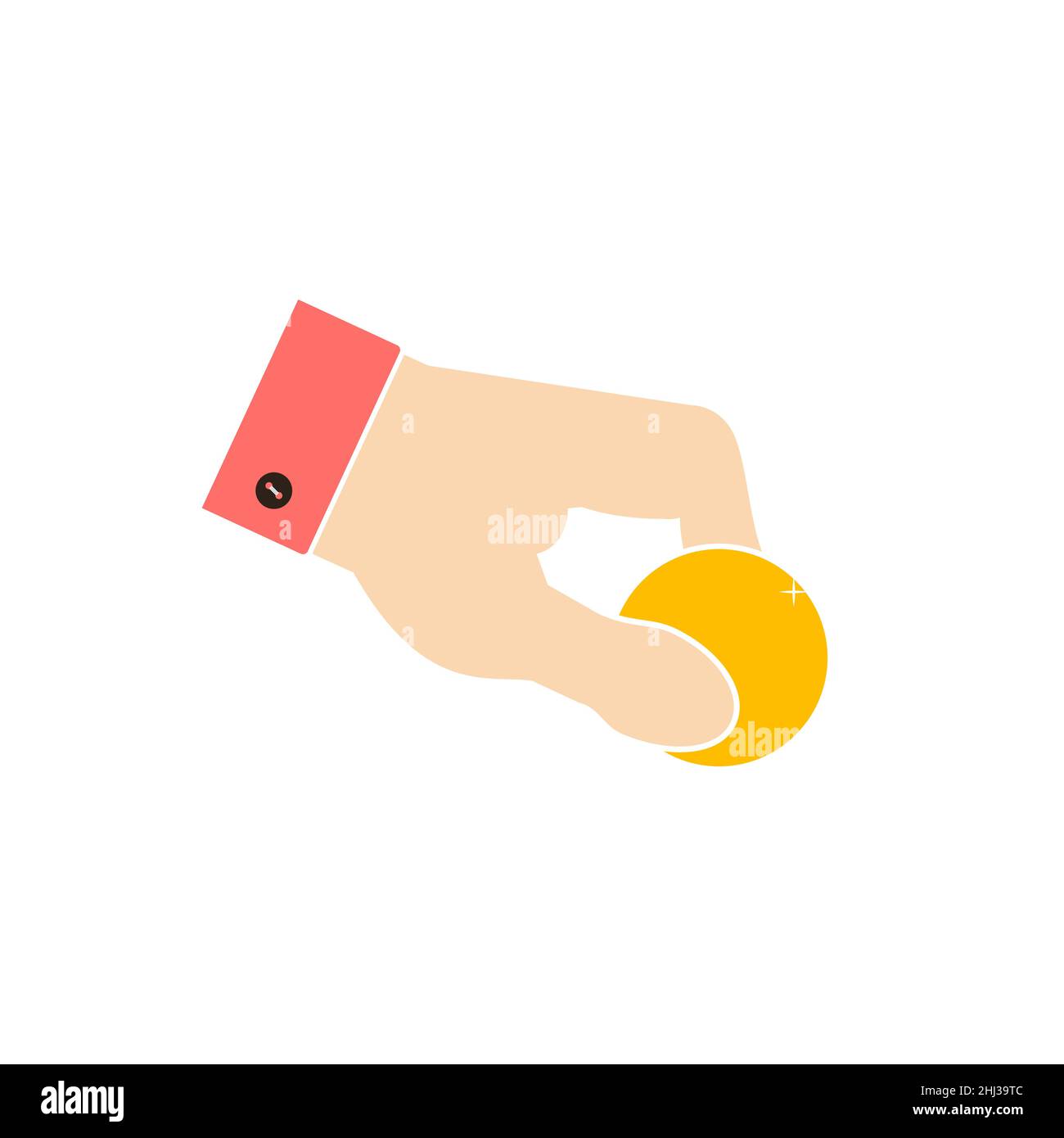 Eine menschliche Hand hält eine Münze. Hand gibt eine Goldmünze. Rosa Hemdkragen mit schwarzem Knopf. Ausgabe eines Darlehens, Gehalt, Almosen, Wohltätigkeitszeichen. Flache Vektorgrafik Stock Vektor