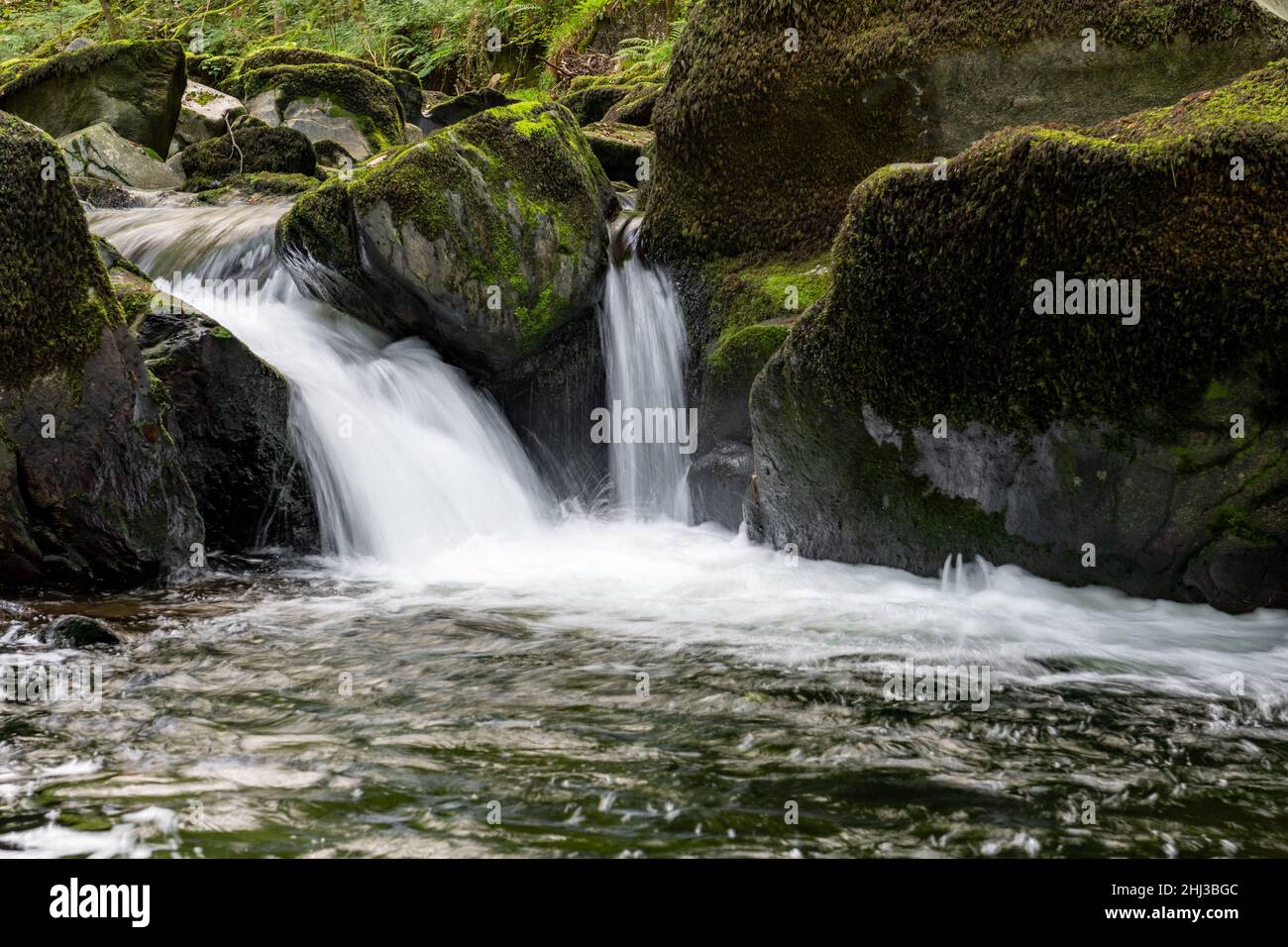 Lange Exposition eines Wasserfalls auf dem East Lyn Fluss Fließt durch den Wald bei Watersmeet im Exmoor Nationalpark Stockfoto