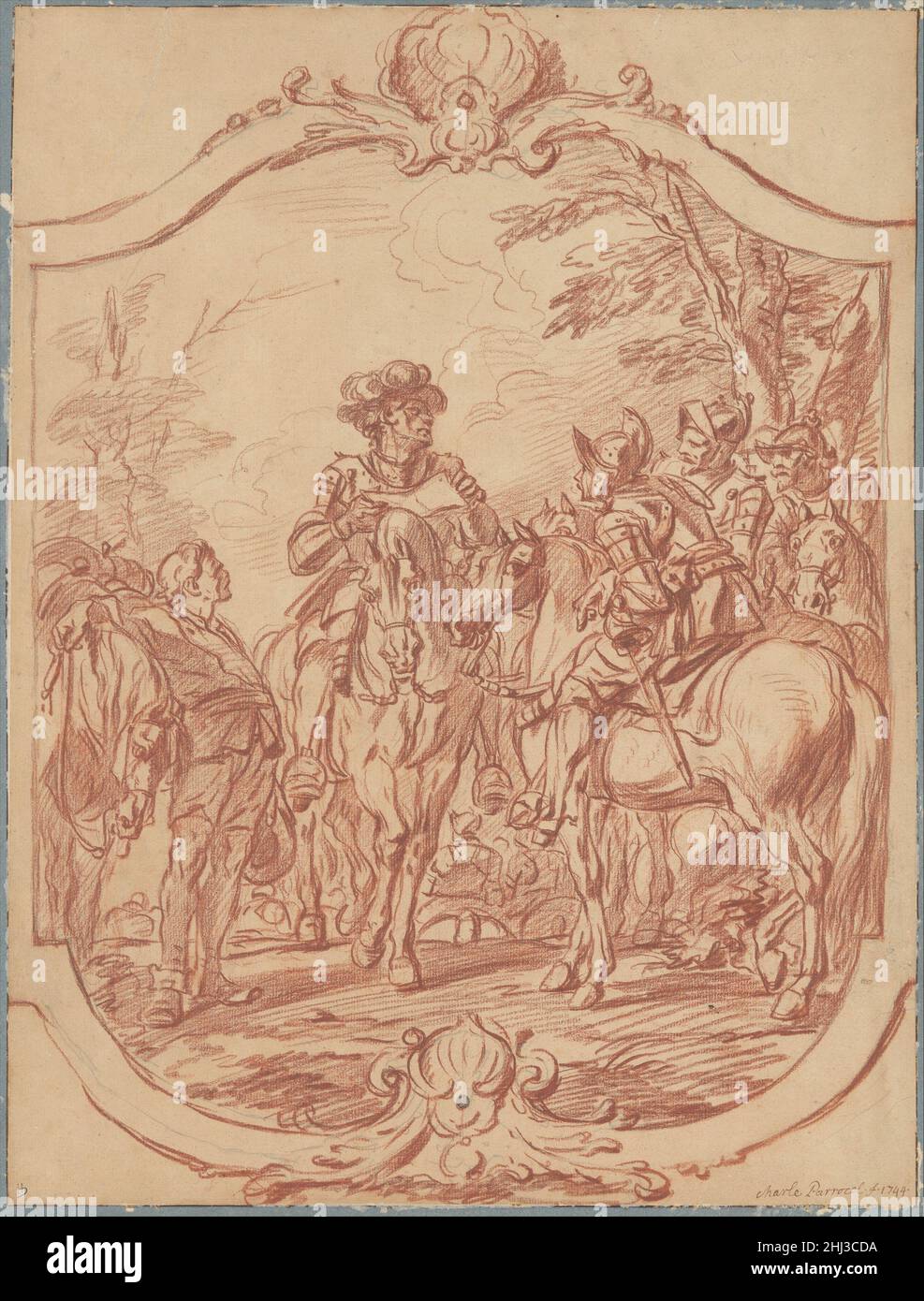 Szene des Militärlebens: Ein General gibt Befehle 1744 Charles Parrocel French Parrocel, wie sein Vater vor ihm, spezialisierte sich auf Gemälde von Schlachten und Jagden. Sein gekonnter Umgang mit solchen Untertanen liebte ihn zu Ludwig XV., einem begeisterten Jäger, was zu vielen königlichen Kommissionen führte. Diese Zeichnung ist eine Studie für ein Gemälde, das 1744 für das Appartement du dauphin in Versailles angefertigt wurde, das zur Zeit der ersten Ehe der Dauphin mit Marie-Thérèse von Spanien angefertigt wurde. Die geformte Umrandung weist auf das Boiserie- oder ornamentale geschnitzte Holz hin, das die Wände des Raums verschönerte, für den das Gemälde bestimmt war. Stockfoto