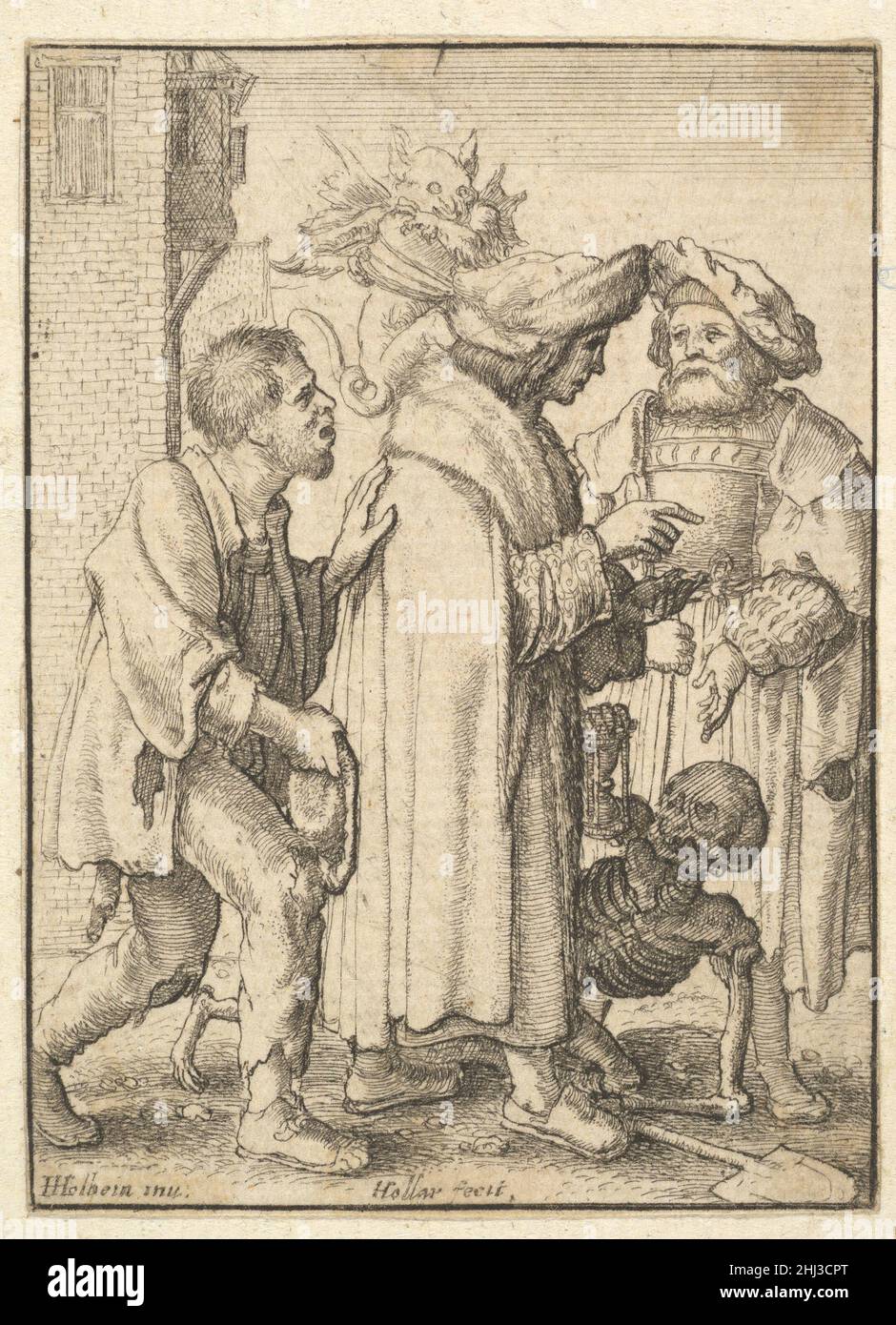 Reicher Mann, aus dem Tanz des Todes 1651 Wenceslaus Hollar Bohemian Ein Mann mit Pelzkragen geht nach rechts auf einen anderen reichen Mann zu. Ein Bettler hinter ihm hat seine Hand auf dem Rücken. Ein geflügelter Teufel sitzt auf seiner Schulter. Der Tod legt sich unter ihn und hebt ein Stundenglas auf. Reicher Mann, aus dem Tanz des Todes 361587 Stockfoto