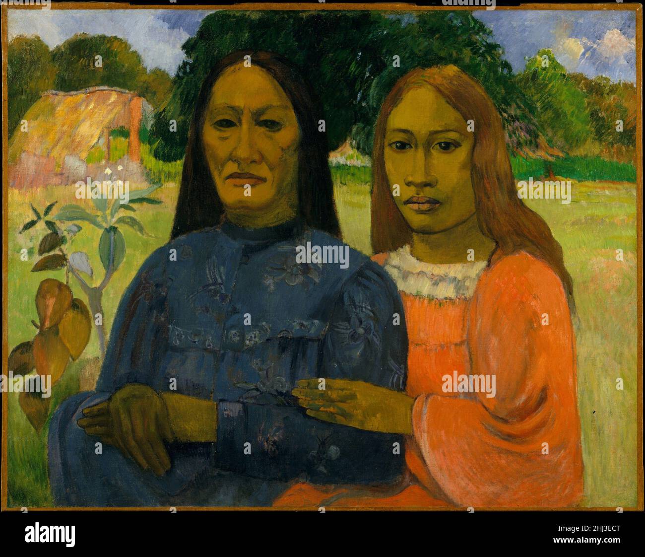 Zwei Frauen 1901 oder 1902 Paul Gauguin der französische Gauguin basierte diese beeindruckende Komposition auf einem Foto von zwei Frauen, die nebeneinander auf dem stoop eines Hauses saßen. Er malte es kurz vor oder nach seiner Abreise von Tahiti aus dem Jahr 1901 für die Marquesas-Inseln. Zwei Frauen 438001 Stockfoto