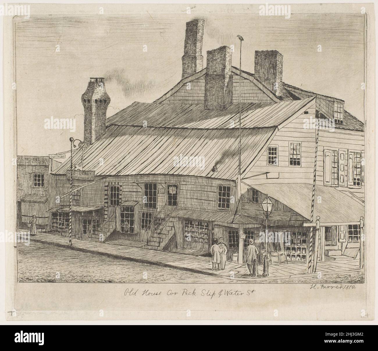 Old House, Corner of Peck Slip and Water Street (aus Szenen des alten New York) 1870 Henry Farrer Amerikaner. Old House, Corner of Peck Slip and Water Street (from Scenes of Old New York) 380982 Künstler: Henry Farrer, American, London 1844?1903 New York, Old House, Corner of Peck Slip and Water Street (from Scenes of Old New York), 1870, Radierung, Tafel: 5 3/8 x 6 3/8 Zoll (13,7 x 16,2 cm) Blatt: 5 11/16 x 6 11/16 Zoll (14,5 x 17 cm). Das Metropolitan Museum of Art, New York. The Edward W. C. Arnold Collection of New York Prints, Maps and Picturs, Bequest of Edward W. C. Arnold, 1954 (54.90.920) Stockfoto