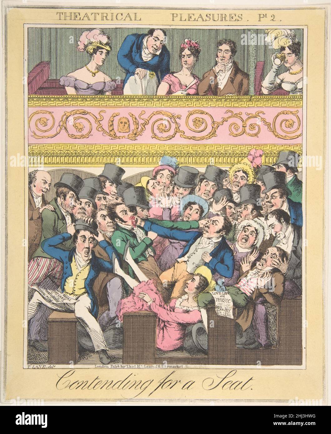 Theatralische Genüsse, Platte 2: Kampf um einen Sitz ca. 1835 Theodore Lane die britischen Theaterbesucher der unteren Mittelklasse kämpfen hier um die Sicherung von freien Plätzen in der Grube im Londoner Theatre Royal, Drury Lane, während sie von raffinierten Zuschauern in privaten Boxen oben beobachtet werden. Zwei Männer, die in Fisticuffs verwickelt sind, verursachen Bestürzung bei den Menschen in der Nähe. Die Titel von Dramen, die auf Spielscheinen beschriftet sind, kommentieren die Fracas. Point of Honor und Peeping Tom deuten auf einem Blatt im linken Vordergrund auf die Ursache des Kampfes hin und lenken die Aufmerksamkeit auf einen Mann in gestreifter Hose, der ein Frauenkleid aufschaut. Ein zweiter han Stockfoto