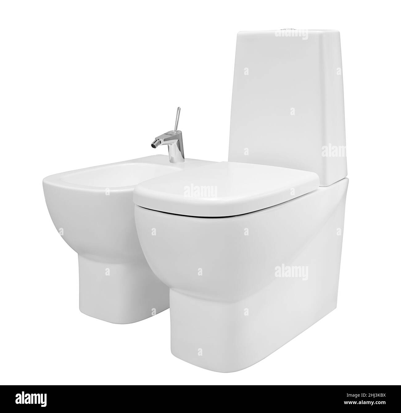 Toilette und Bidet. Weißes Bidet und Toilette isoliert auf weißem Hintergrund Stockfoto