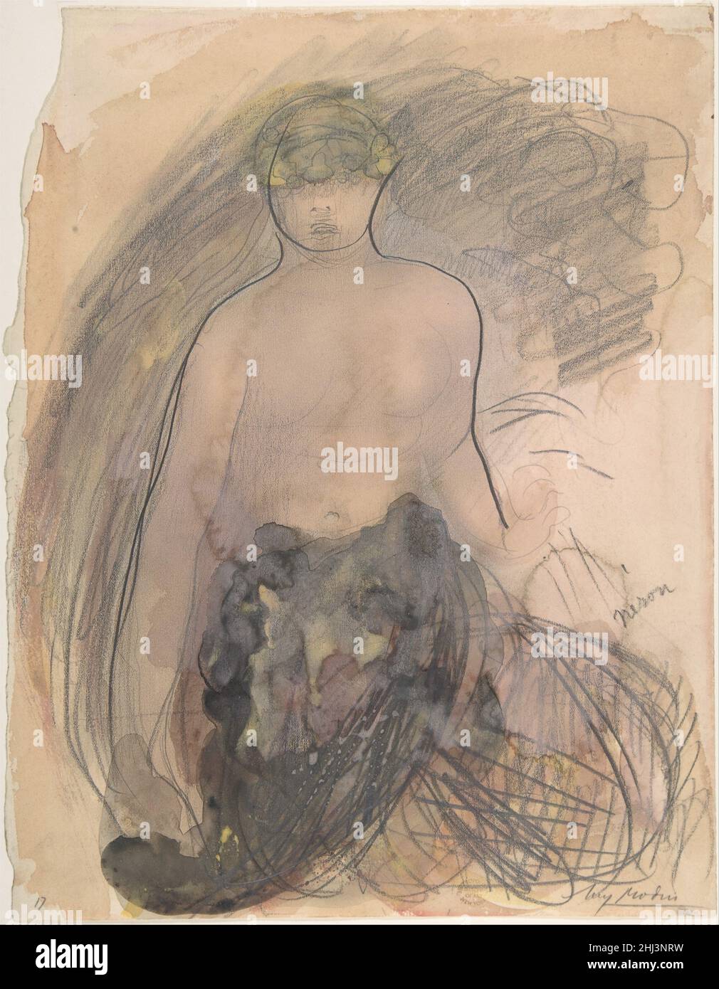 Nero 1900–1910 Auguste Rodin Französisch Eine verwandte Arbeit im Musée Rodin deutet an, dass das Modell für diese Zeichnung eine Frau war, doch Rodin schrieb das Blatt 'Néron' oder Nero, den legendären grausamen und dekadenten römischen Kaiser. Die Metamorphose der Komposition durch die Anhäufung von kühnen, wirbelnden Graphitstrichen, Schichten von Aquarell und Gouache und der hinzugefügte Titel veranschaulicht die mögliche Bedeutungsverschiebung mit Rodins Arbeiten. Nero 339713 Stockfoto