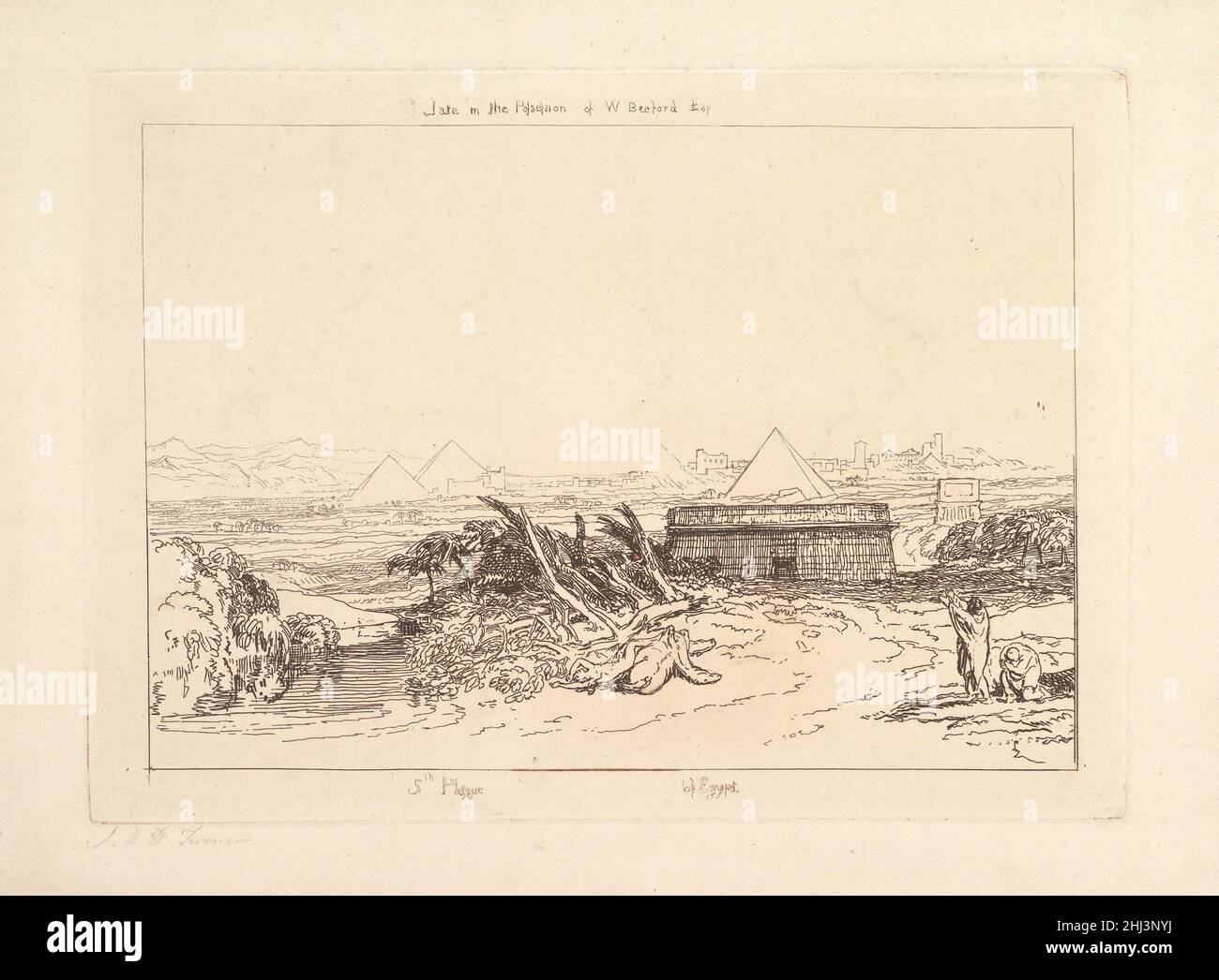 Fünfte Pest of Egypt (Liber Studiorum, Teil III, Platte 16) 1808 entworfen und geätzt von Joseph Mallord William Turner destillierte seine Landschaftsvorstellungen in 'Liber Studiorum' (lateinisch für 'Book of Studies'), einer Serie von siebzig Drucken und einem Frontispiz, das zwischen 1807 und 1819 veröffentlicht wurde. Um die Kompositionen zu etablieren, fertigte er braune Aquarellzeichnungen an und ätzte dann Konturen auf Kupferplatten. Hier sehen wir seine Vorarbeiten an einer Platte, die Charles Turner später mit Mezzotint fertigstellte. Das Thema stammt aus „Exodus“ 9, einem Kapitel, das drei der zehn von Moses verletzten Plagen beschreibt Stockfoto