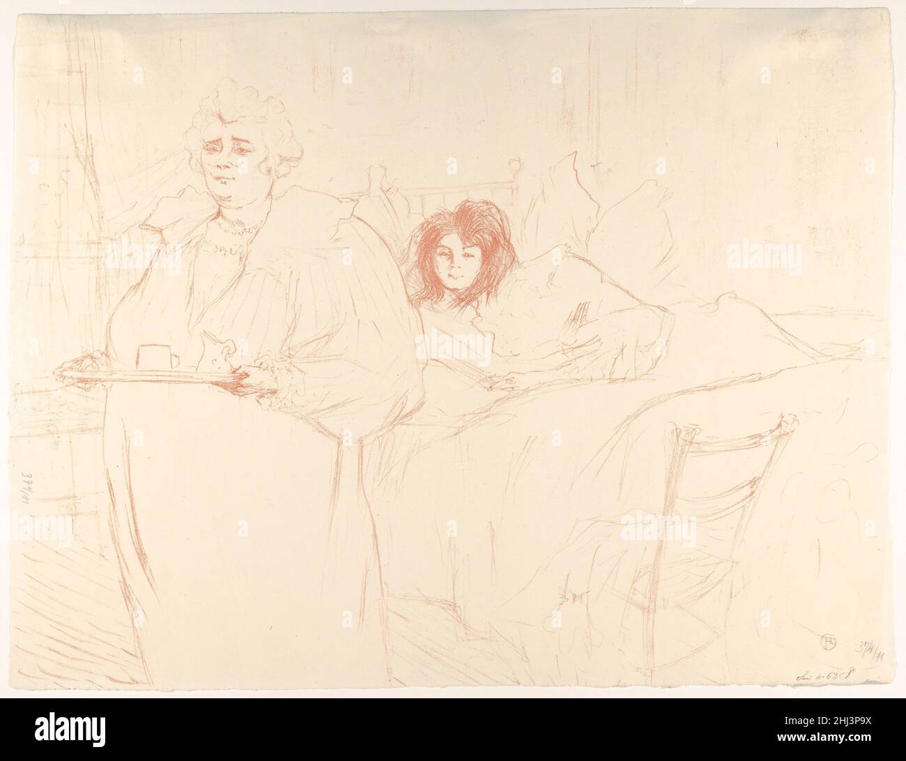 Frühstück (Madame Baron und Mademoiselle Popo) 1896 Henri de Toulouse-Lautrec Französisch. Frühstück wird serviert (Madame Baron und Mademoiselle Popo). Elles. Henri de Toulouse-Lautrec (Französisch, Albi 1864–1901 Saint-André-du-Bois). 1896. Lithographie in roter Kreide auf gewonntem Papier gedruckt. Ausdrucke Stockfoto