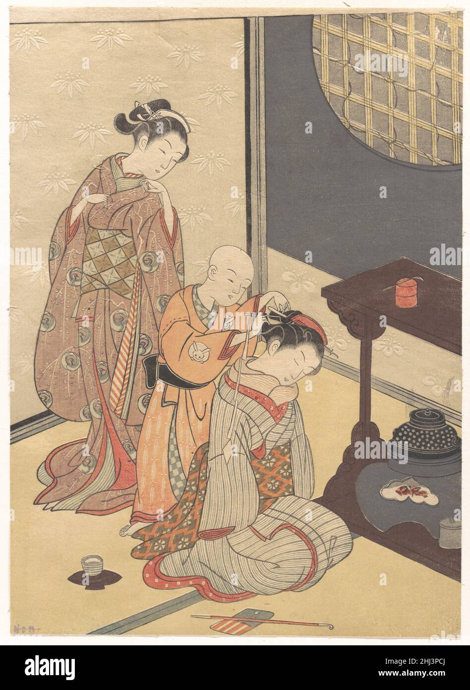 Night Rain am Double-Shelf Stand, aus der Serie Eight Parlor Views (Zashiki hakkei) ca. Ende 18th. Jahrhundert Suzuki Harunobu Japanisch. Night Rain am Double-Shelf Stand, aus der Serie Eight Parlor Views (Zashiki hakkei) 55801 Stockfoto