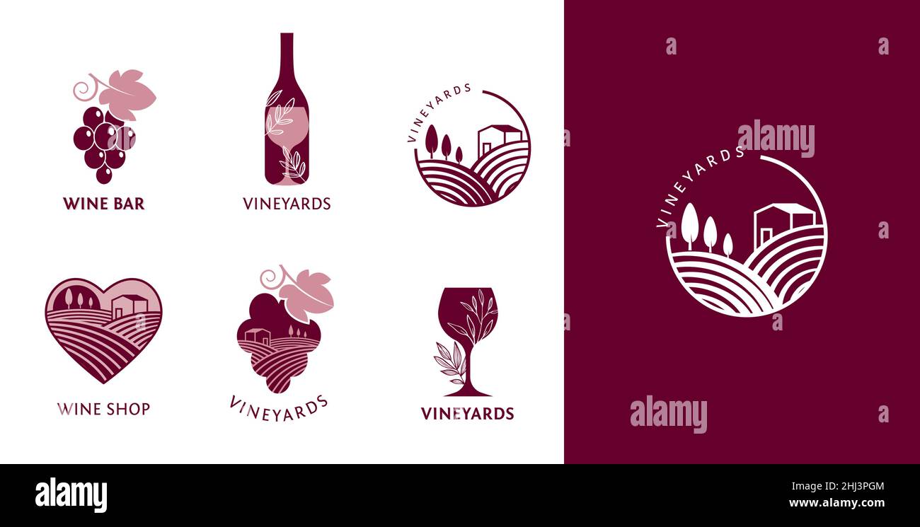 Wein, Weinberg, Bio-Naturweinlogo-Kollektion. Weinbergfeld und Trauben Symbole und Symbole Stock Vektor