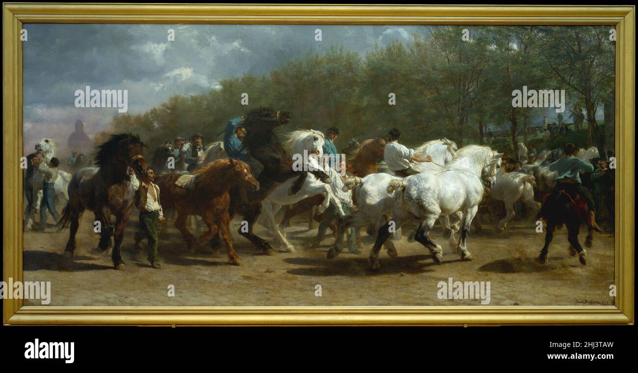 The Horse Fair 1852–55 Rosa Bonheur Französisch Dieses bekannteste Gemälde von Bonheur zeigt den Pferdemarkt, der in Paris auf dem baumgesäumten Boulevard de l’Hôpital in der Nähe des Asyls von Salpêtrière stattfindet, der im linken Hintergrund zu sehen ist. Anderthalb Jahre lang skizzierte Bonheur dort zweimal die Woche und kleide sich als Mann, um die Aufmerksamkeit zu entmutigen. Bonheur hat sich als Tiermaler etabliert, als das Gemälde auf dem Pariser Salon von 1853 debütierte und dort großes Lob erhielt. Bei der Ankunft am endgültigen Entwurf ließ sich der Künstler von George Stubbs, Théodore Gericault, Eugène Delacroix und Ancient inspirieren Stockfoto