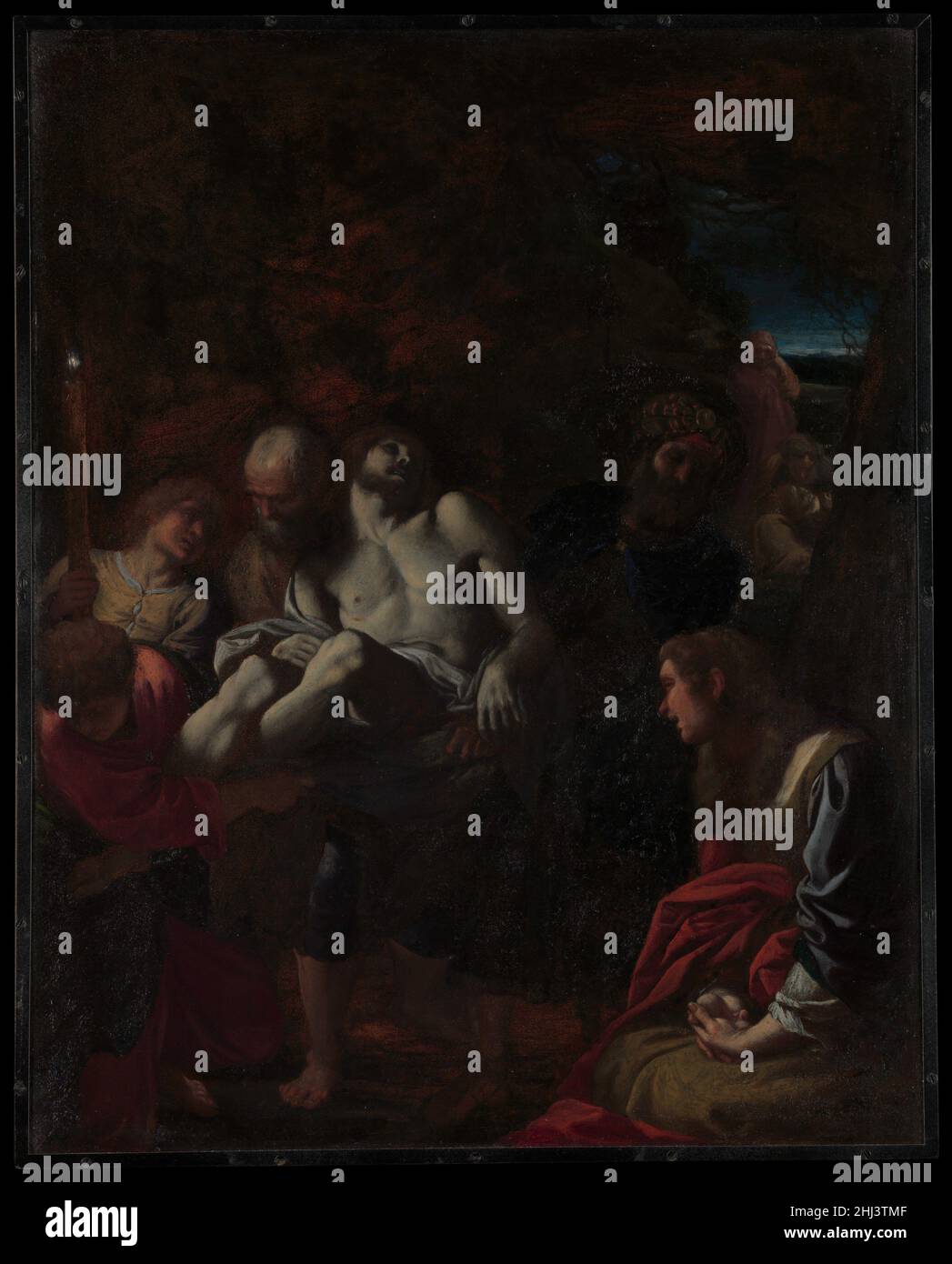 Das Begräbnis Christi 1595 Annibale Carracci Italienisch Dieses tief bewegende Bild wurde für einen der Mäzene von Carracci, Astorre di Vincenzo Sampieri, einem Kanon der Kathedrale von San Pietro in Bologna, gemalt. Als Geschenk für eine wichtige Figur in Rom gedacht, wurde es von Sampieri beibehalten, der stattdessen eine Kopie von Guido Reni schickte. Wir betrachten das dramatische Ereignis aus der Grabkammer heraus, die Figuren, die von Fackel angezündet werden; durch eine Öffnung können die heiligen Frauen vor einer von Sonnenaufgang beleuchteten Landschaft gesehen werden. Das Bild wurde sehr bewundert. Mindestens sieben Exemplare sind bekannt zusätzlich zu dem Sampieri, der nach Rom geschickt wurde. T Stockfoto
