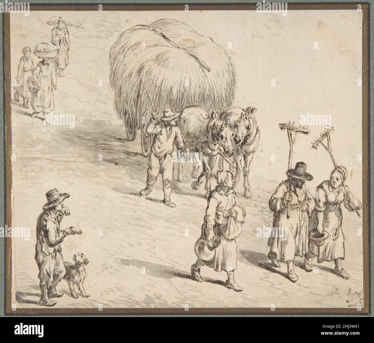 Bauern und Heuwagen auf einer Landstraße 1580–1625 Kreis von Jan Brueghel dem Älteren Niederlandisch. Peasants and Hay Wagon auf einer Landstraße 335120 Stockfoto