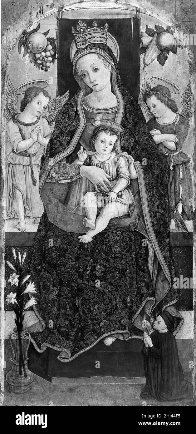 Madonna mit Kind auf dem Thron mit zwei Engeln und einem Spender 1481? Vittore Crivelli Italienisch Vittore Crivelli war der jüngere, weniger talentierte Bruder von Carlo Crivelli und arbeitete wie er vor allem in der Region der Marken in Italien. Diese Arbeit war das Zentrum eines mehrteiligen Altaraufwerks. Der Spender, seine Hände im Gebet umklammert, kann Ludovico Vinci sein, ein Adliger der Stadt Fermo. Es ist bekannt, dass er 1481 ein Altarbild des Künstlers für seine Kapelle in der Kirche San Martino in Varano in Auftrag gegeben hat. Madonna mit Kind thront mit zwei Engeln und einem Spender 436055 Stockfoto