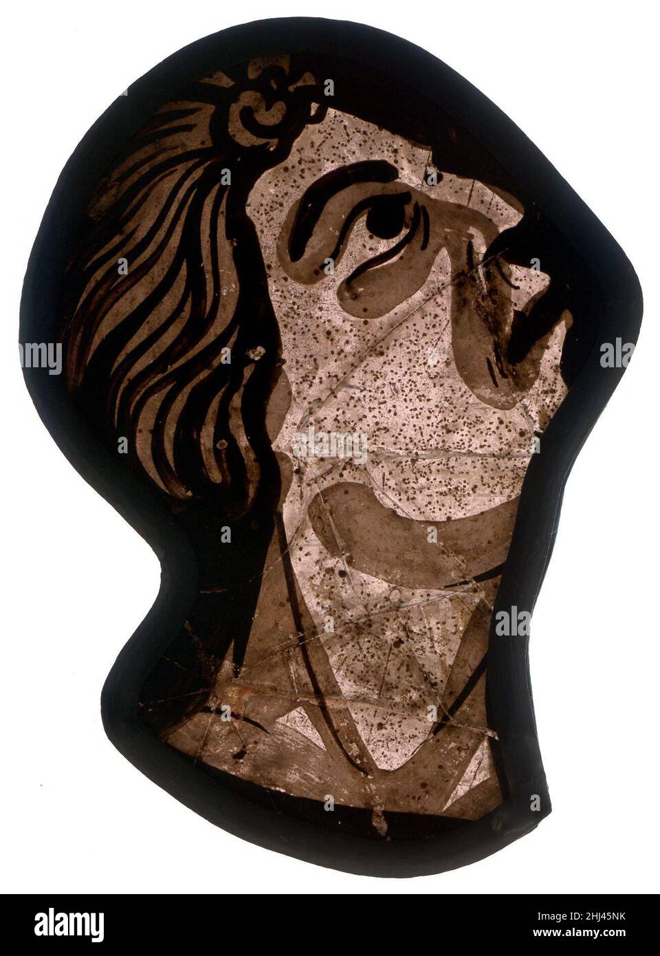 Glass Fragment 1200–1215 Französisch die Kathedrale Saint-Étienne in Bourges bewahrt in ihren Kapellen noch immer eine bemerkenswerte Serie von Glasmalereien auf. Diese Fragmente aus einigen der zerstörten ambulanten Fenster veranschaulichen die hohe Qualität der ursprünglichen Dekoration. Beachten Sie vor allem den blutroten Teufel, wahrscheinlich aus einer Szene des Jüngsten Gerichts, und die elegante Figur Christi aus der Kreuzigung.. Glasfragment 467268 Stockfoto