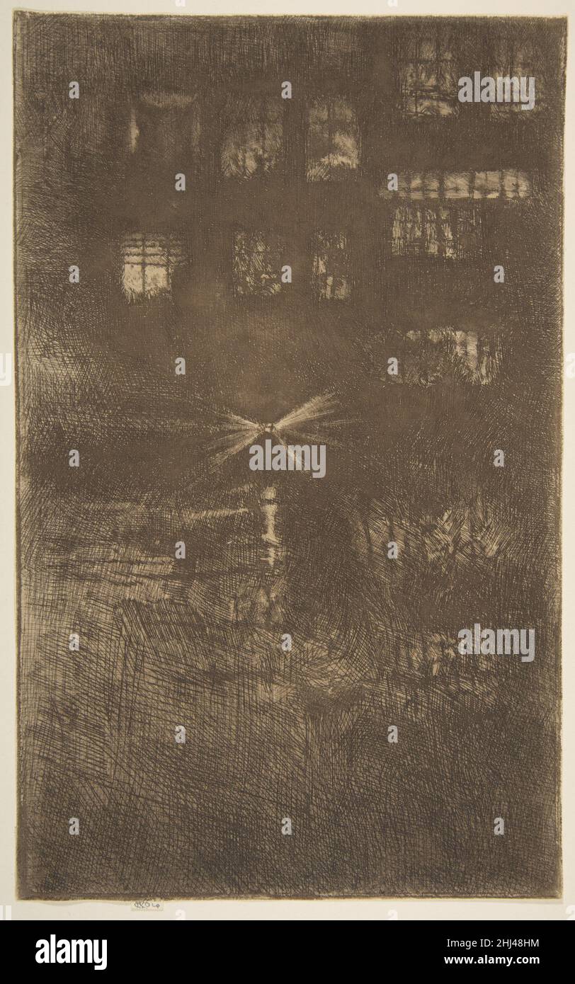 Nocturne: Dance House 1889 James McNeill Whistler American dicht geätzt und tief eingeätzt, gehört dieses Werk zu Whistlers feinsten späten Radierungen. Die beleuchteten Fenster gehören zu einem Mietshaus, das an den Zeedijk-Kanal im Amsterdamer Rotlichtviertel grenzt. Wie in seiner venezianischen Dämmerung Themen aus dem letzten Jahrzehnt, Whistler konzentrierte sich auf einen Zusammenfluss von Wasser, zerbröckelnde Architektur und reflektiertes Licht, aber hier verstärkt die Dunkelheit und das Gefühl der Abstraktion. 1890 wurde das „Amsterdam Set“ des Künstlers vom Händler Robert Dunthorne in London, dann in New York im Grolier Club ausgestellt. Stockfoto