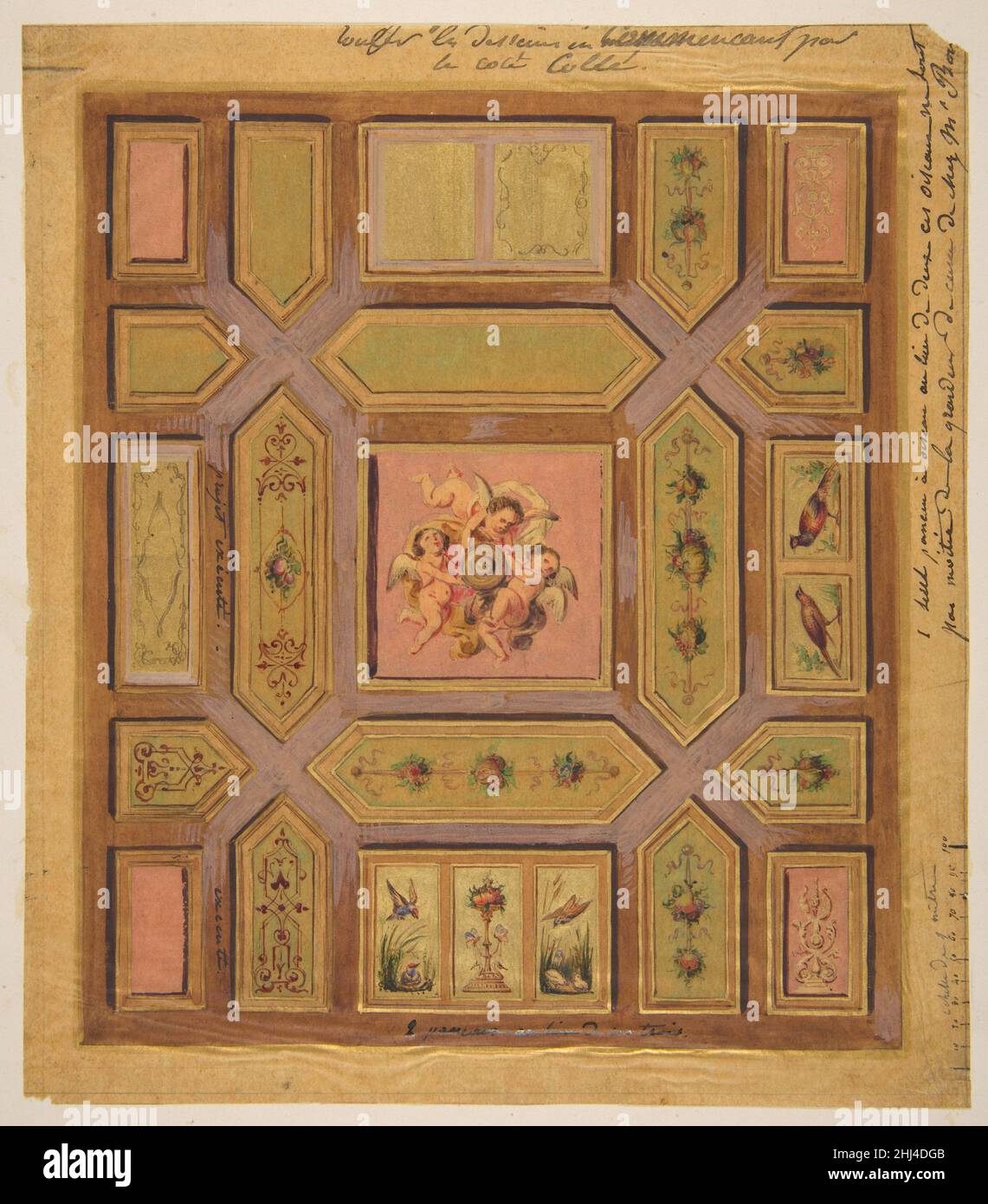 Entwurf für eine getäfelte Decke, die mit Putten, Vögeln und Blumenmotiven auf Pauspapier gemalt ist; montiert auf webtem Papier aus dem 19th. Jahrhundert Jules-Edmond-Charles Lachaise Französisch. Entwurf für eine getäfelte Decke, die mit Putten, Vögeln und Blumenmotiven auf Pauspapier gemalt ist; montiert auf Wove-Papier 386008 Stockfoto