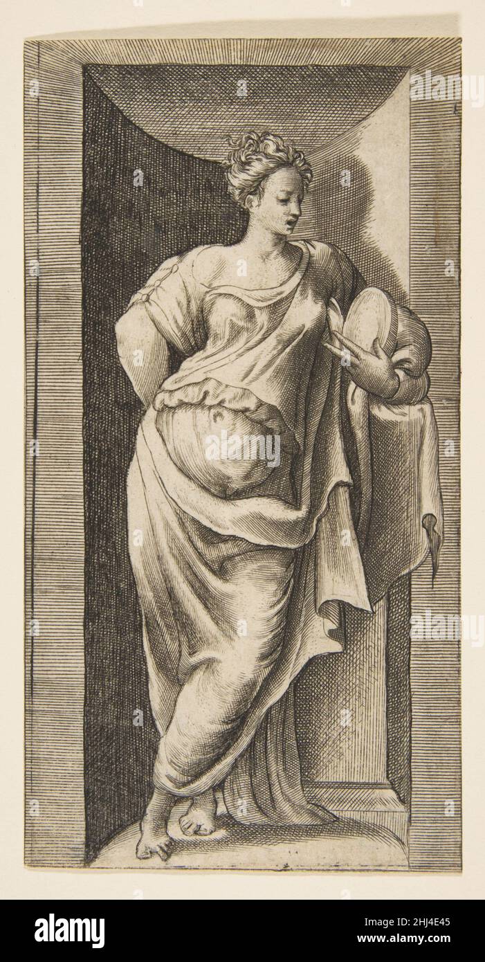 Eine Muse, die in einer Nische steht, der linke Arm in einem Vorsprung ca. 1531–76 Giulio Bonasone Italienisch. Eine Muse, die in einer Nische steht, linker Arm, der in einer Kante ruht 392828 Stockfoto
