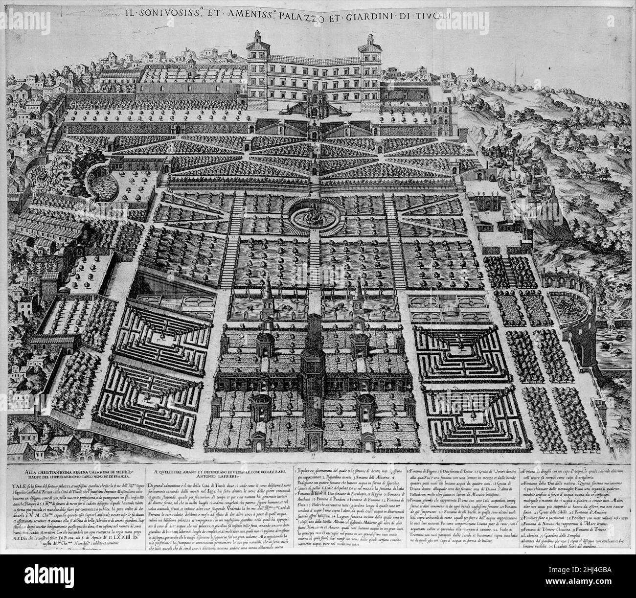 Speculum Romanae Magnificentiae: Tivoli Palast und Gärten 1573 Etienne DuPérac Französisch dieser Druck stammt aus der Kopie des Museums des Speculum Romanae Magnificentiae (Spiegel der römischen Pracht). Der Speculum fand seinen Ursprung in den Verlagsbemühungen von Antonio Salamanca und Antonio Lafreri. Während ihrer Karriere im römischen Verlag initiierten die beiden ausländischen Verlage, die zwischen 1553 und 1563 zusammenarbeiteten, die Produktion von Drucken, die Kunstwerke, Architektur und Stadtansichten aus dem antiken und modernen Rom aufzeichnen. Die Drucke konnten individuell von Touristen und Sammlern gekauft werden Stockfoto