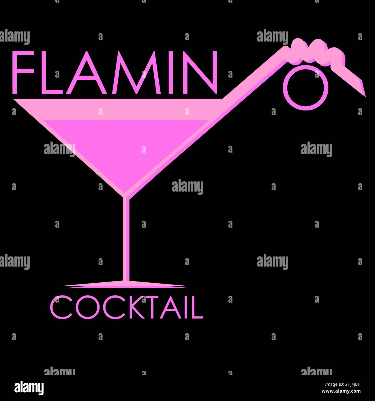 Abstraktes Flamingo Cocktail-Logo mit Glas und Stroh in Form eines Flamingos auf dunklem Hintergrund 1 Stock Vektor