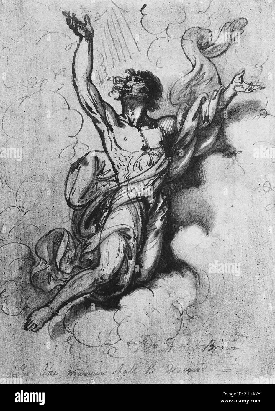 In ähnlicher Weise erscheint die Vorstellung von dem verherrlichten Christus in dieser Zeichnung von Mather Brown American Brown denen in mehreren Gemälden von The Ascension zu verdanken, die etwa 1781–82 und 1800 von seinem Lehrer Benjamin West ausgeführt wurden, bei dem er in London studierte. Browns Zeichenschiff in Feder und Tinte spiegelt die von West wider, der seinen Stil von italienischen Modellen ableitete. Wie West gelang es Brown, eine ansprechende Wirtschaft und eine Texterei für die Blüte von Gewändern und Wolken zu schaffen, die das triumphale Thema noch verstärkt. Der Titel der Zeichnung stammt aus der Inschrift unten und erscheint Stockfoto
