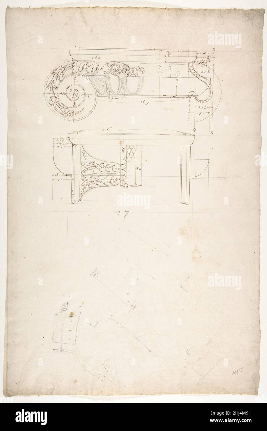 Nicht identifiziertes, ionisches Kapital, Front- und Seitenhöhen mit kleinen Studien (recto) Berechnungsnotizen (verso) Anfang bis Mitte des 16th. Jahrhunderts gezeichnet von Anonymous, Französisch, 16th. Jahrhundert Französisch. Nicht identifiziertes, ionisches Kapital, Front- und Seitenhöhen mit kleinen Studien (recto) Berechnungsnotizen (verso) 362595 Stockfoto