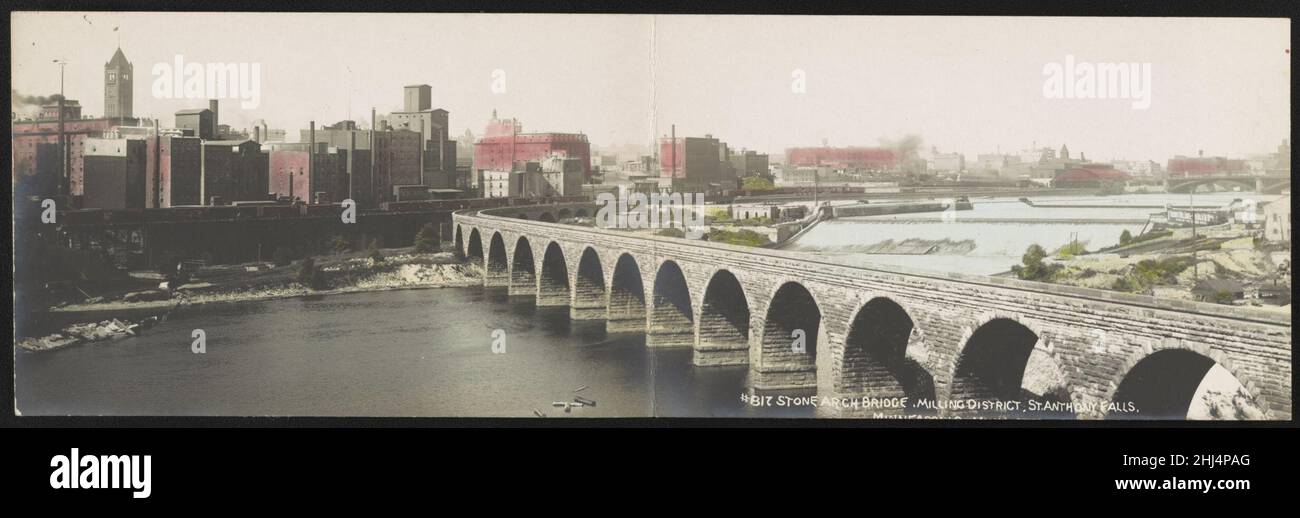 Steinbogenbrücke, Fräsen Bezirk, St. Anthony Falls, Minneapolis, Minn. Stockfoto