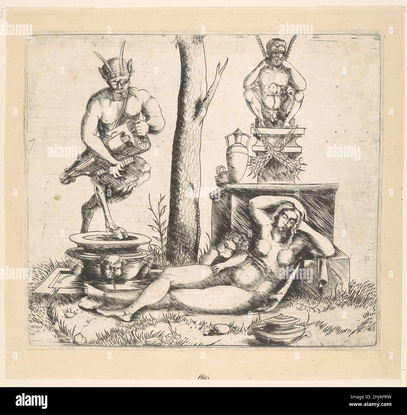 Satyr spielt eine Leier und eine schlafende Nymphe. 1510–1520 Meister von 1515 Italienern auch die Nationalität des eigenwilligen Künstlers, der diesen Druck schuf, ist ungewiss. Die einzigen eindeutigen Informationen, die wir über ihn haben, sind das Datum von 1515, das auf einem seiner Drucke erscheint, und das Wissen, dass mehrere seiner architektonischen Motive aus einem Skizzenbuch stammen, das dem Mailänder Bildhauer Agostino Busti zugeschrieben wird. Der Stil des Grafikers, in dem eng platzierte parallele Linien Schattierungen erzeugen, ist dem von Mantegna am nächsten. Alle bis auf sechs der vierzig Gravuren, die dem Meister zugeschrieben werden, beinhalten Drypo Stockfoto