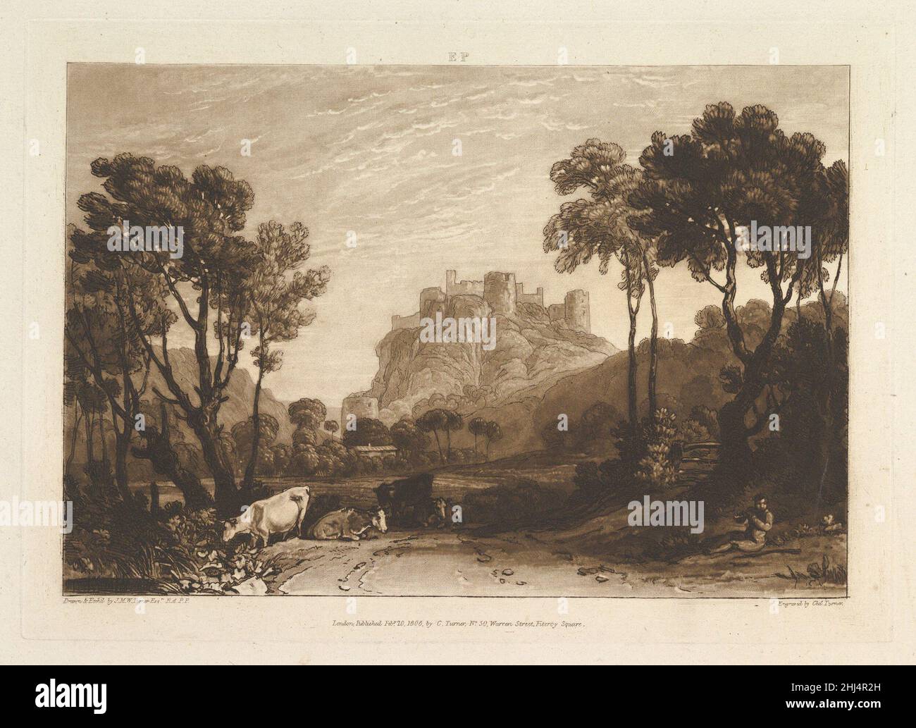 The Castle Above the Meadows (Liber Studiorum, Teil II, Platte 8) 1808 Entworfen und geätzt von Joseph Mallord William Turner der Brite Turner hat seine Vorstellungen über Landschaft in 'Liber Studiorum' (Latin for Book of Studies), einer Serie von siebzig Drucken und einem Frontispiz, veröffentlicht zwischen 1807 und 1819, destilliert. Um die Kompositionen zu etablieren, fertigte er braune Aquarellzeichnungen an und ätzte dann Konturen auf Kupferplatten. Professionelle Graveure entwickelten den Ton in der Regel unter Turner's Richtung, und Charles Turner fügte hier Mezzotint hinzu, um friedliche Wiesen in der Nähe einer Burgruine auf einem felsigen Hügel mit dem Detail Stockfoto