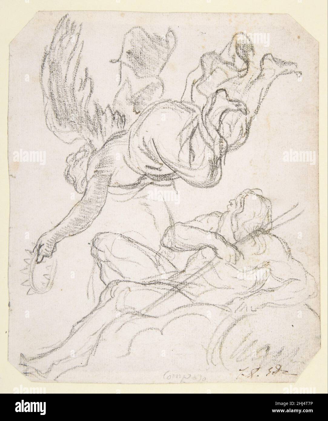 Fliegende Figur hält eine Krone, Reclining River God n.d. Jacques Louis David Französisch als Student an der Französischen Akademie füllte David Skizzenbücher mit Zeichnungen nach antiker und barocker Kunst, darunter diese Skizze von Figuren aus dem Fresko Pietro da Cortona, der Himmelfahrt der Jungfrau, In der Apsis der Kirche Santa Maria in Vallicella in Rom. In dieser Zeichnung, einer von zwei, die er nach diesem Fresko angefertigt hat, hat David die relative Platzierung der beiden Figuren, wie sie in der Decke von Cortona erscheinen, dem Format seines Blattes angepasst. Fliegende Figur mit Krone, Reclining River Stockfoto