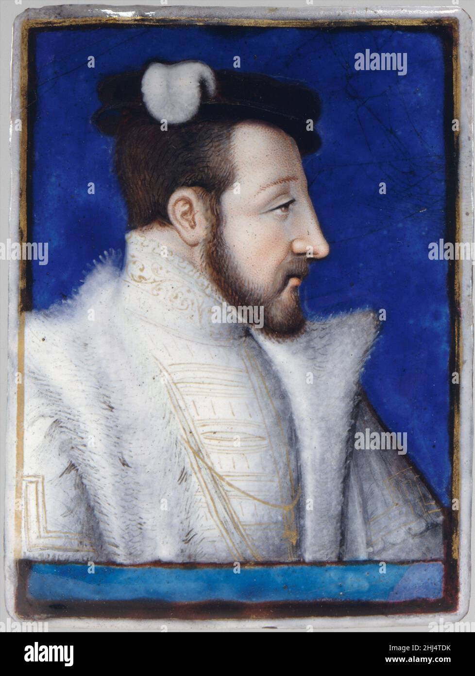 Henri II., König von Frankreich wahrscheinlich ca. 1555–60 Léonard Limosin Limosin wurde als Protegé des Bischofs von Limoges, Jean de Langeac, am Hof von François I. (1494–1547) vorgestellt. 1548 wurde er Emaillierer und Kammerdiener von François Nachfolger Henri II. (1513–1559), für den er Emaille-Porträts beider Könige schuf, die in ein Altarbild für die Sainte-Chapelle in Paris integriert wurden. Henri II., König von Frankreich 208176 Stockfoto